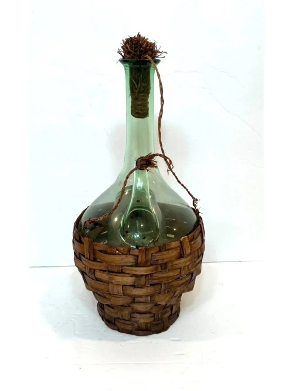Vintage Green Glass Italian Decanter Woven Basket Mid Century Modern Barware